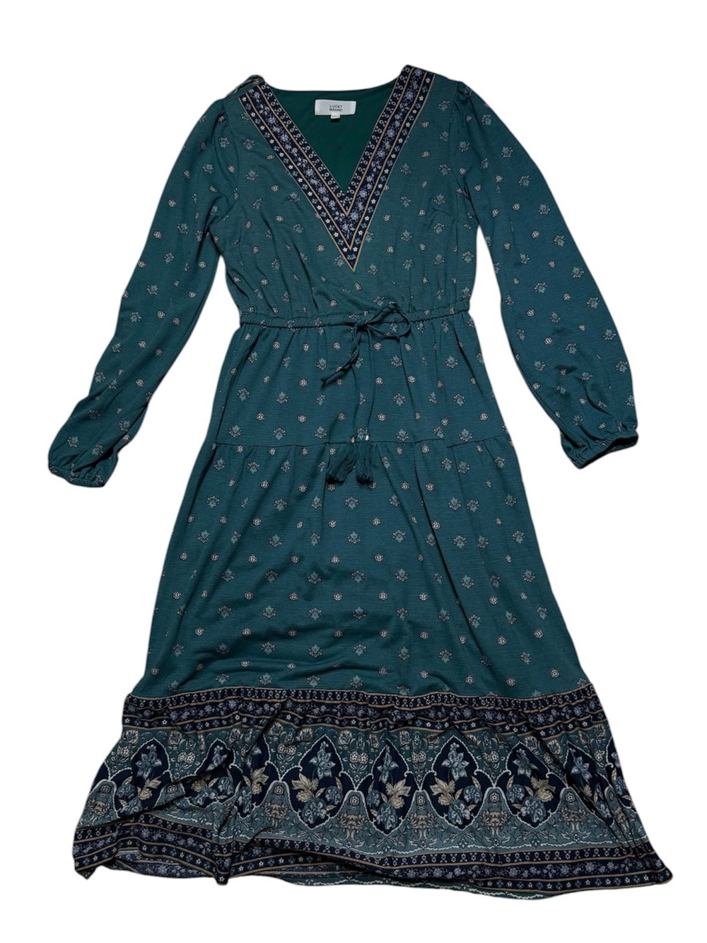 Lucky Brand Green Boho Floral Tie Waist Midi Dress Long Sleeve Size Small